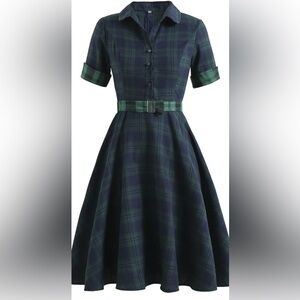 Plaid Button-Up Dress with Belt